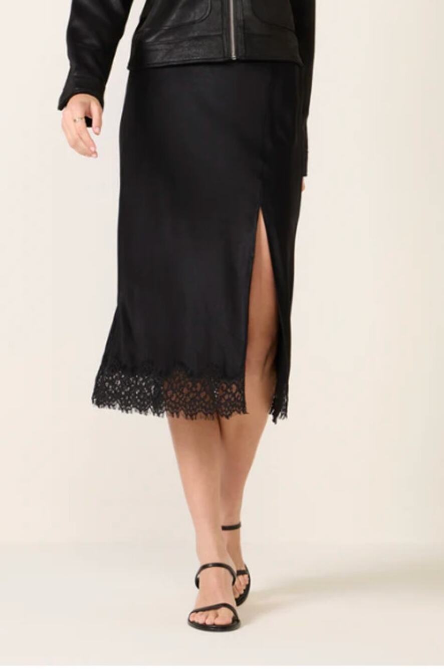 Sanctuary Evereve Satin Midi Slip Skirt with Lace Hem and Slit Black Small